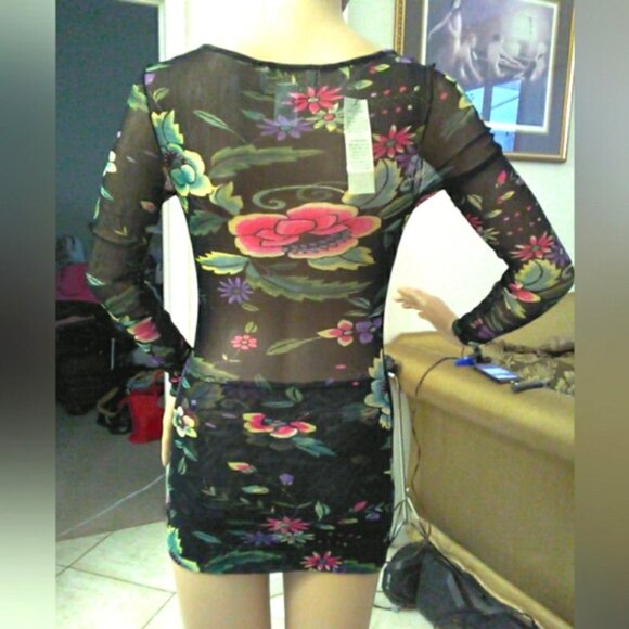 NWT Cache Sheer Black Floral Long Sleeve Dress BODYCON SHEER MESH SZ. XS SEXY! - Picture 2 of 13